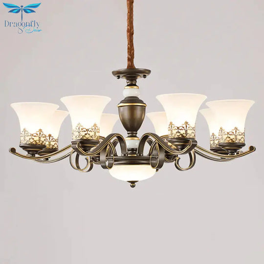 3/6/8 Lights Ceiling Suspension Lamp Rustic Style Bell Shade Cream Glass Chandelier Lighting In
