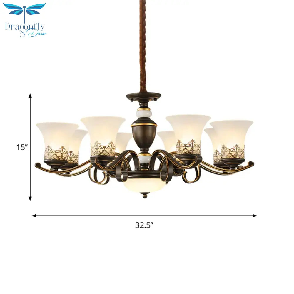 3/6/8 Lights Ceiling Suspension Lamp Rustic Style Bell Shade Cream Glass Chandelier Lighting In