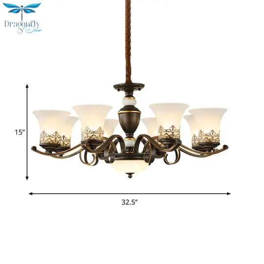 3/6/8 Lights Ceiling Suspension Lamp Rustic Style Bell Shade Cream Glass Chandelier Lighting In