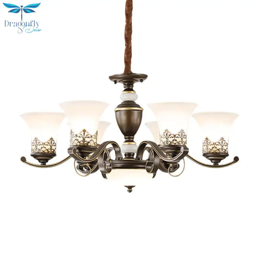 3/6/8 Lights Ceiling Suspension Lamp Rustic Style Bell Shade Cream Glass Chandelier Lighting In