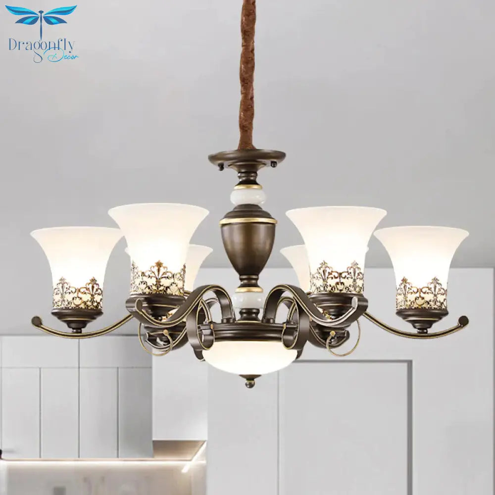 3/6/8 Lights Ceiling Suspension Lamp Rustic Style Bell Shade Cream Glass Chandelier Lighting In