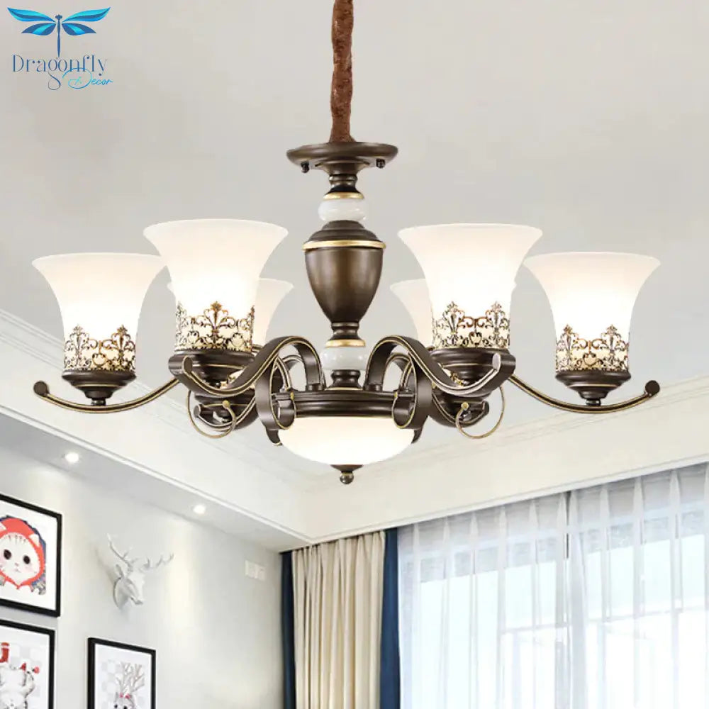 3/6/8 Lights Ceiling Suspension Lamp Rustic Style Bell Shade Cream Glass Chandelier Lighting In