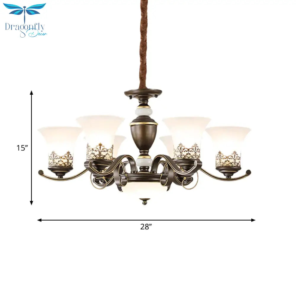 3/6/8 Lights Ceiling Suspension Lamp Rustic Style Bell Shade Cream Glass Chandelier Lighting In