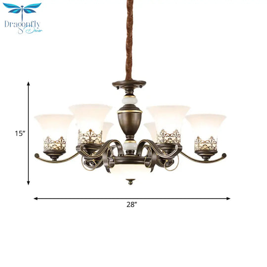 3/6/8 Lights Ceiling Suspension Lamp Rustic Style Bell Shade Cream Glass Chandelier Lighting In