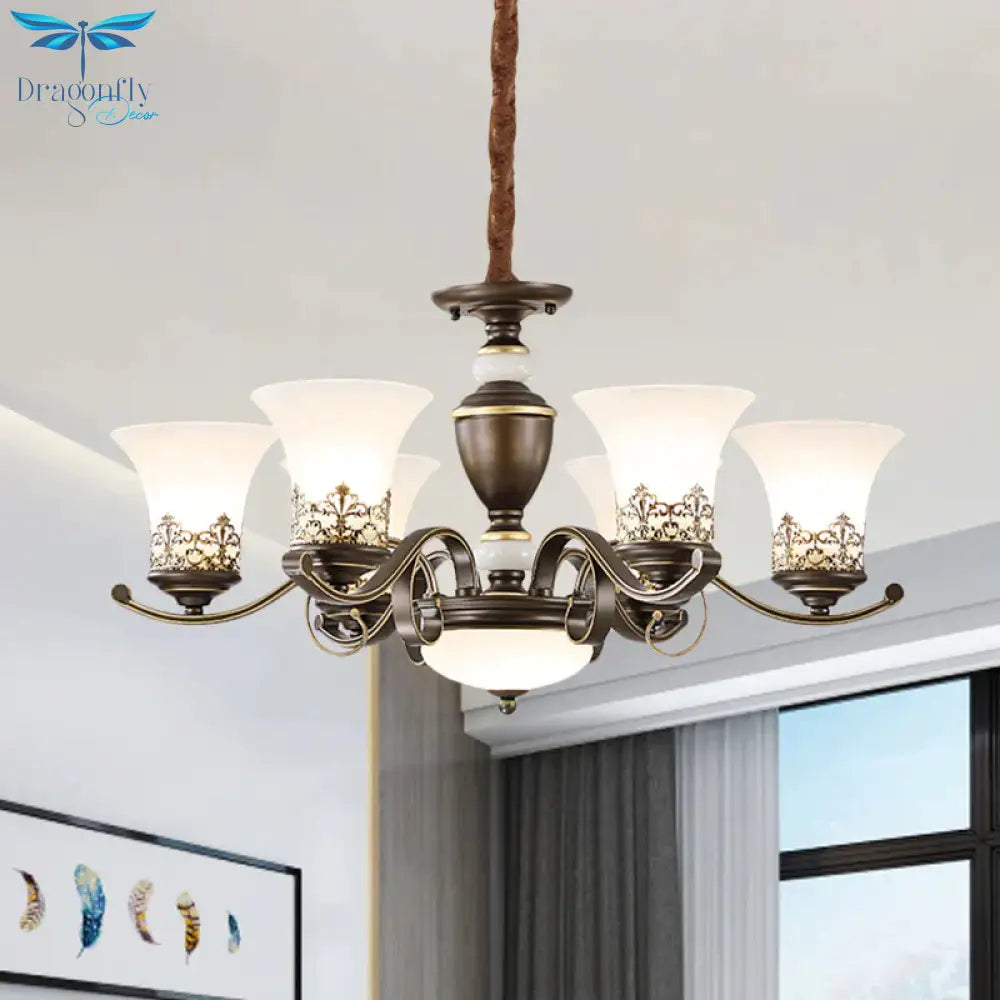 3/6/8 Lights Ceiling Suspension Lamp Rustic Style Bell Shade Cream Glass Chandelier Lighting In