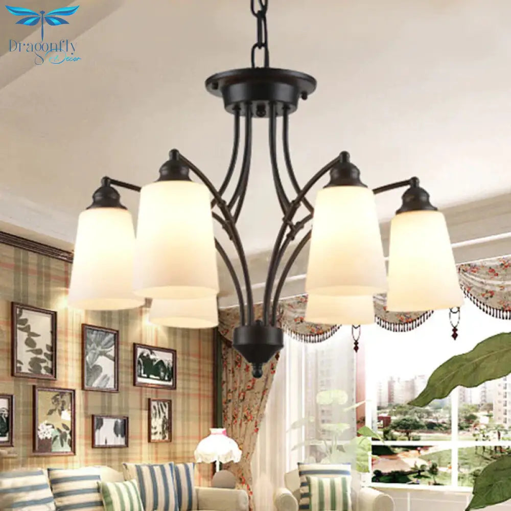 3/6/8 Lights Frosted Glass Hanging Chandelier Traditional Black Tapered Living Room Pendant Light