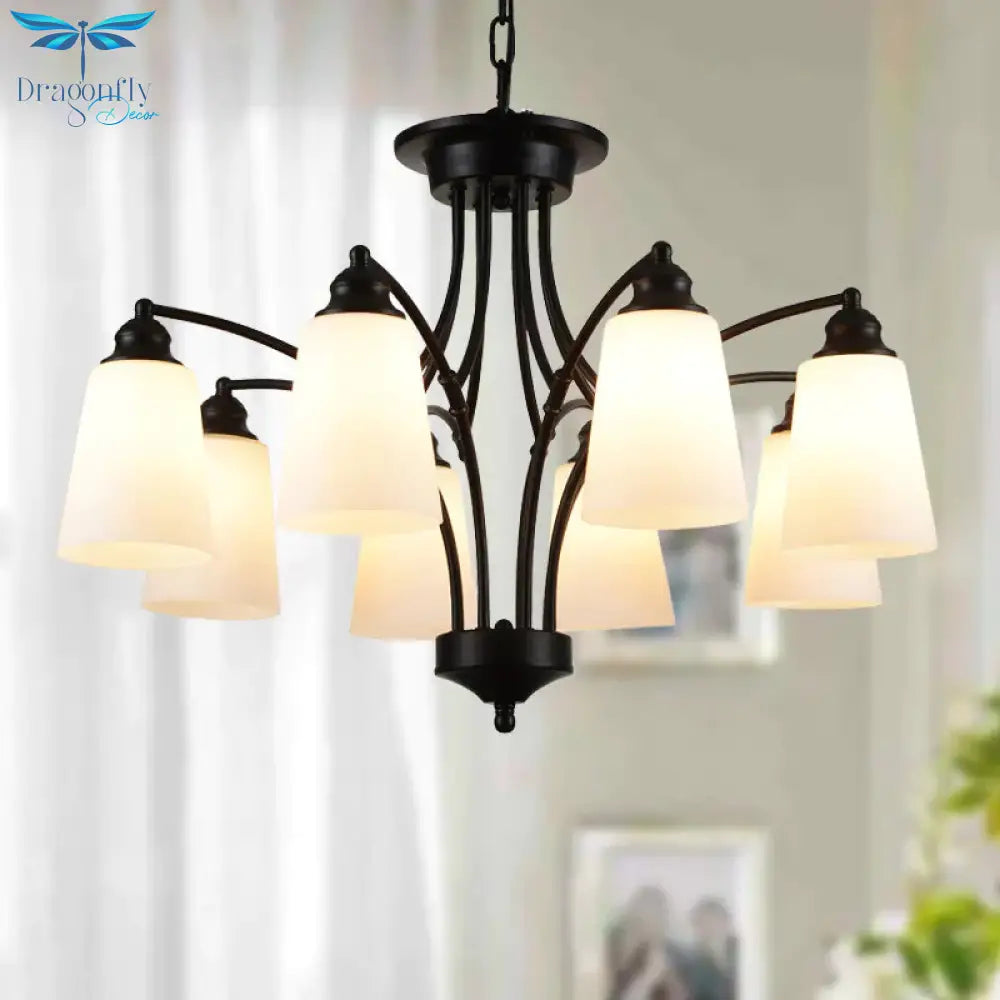 3/6/8 Lights Frosted Glass Hanging Chandelier Traditional Black Tapered Living Room Pendant Light