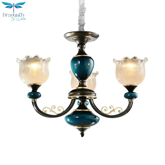 3/6 Bulbs Blossom Hanging Light Kit Classic Black Finish Clear Ribbed Glass Pendant Chandelier