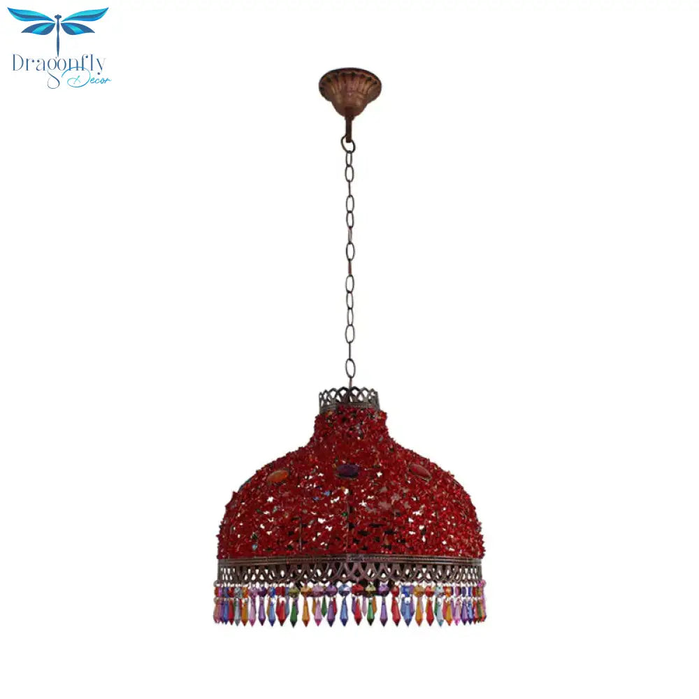 3/6 Bulbs Hanging Chandelier Art Deco Dome Metal Pendant Light Fixture In White/Beige/Red For
