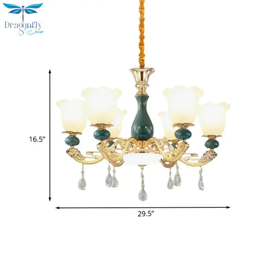 3/6 Bulbs Up Suspension Lamp Classic Flower Opal Glass Pendant Chandelier With Scrolled Arm In
