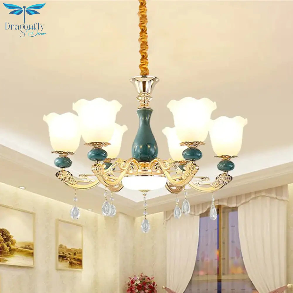 3/6 Bulbs Up Suspension Lamp Classic Flower Opal Glass Pendant Chandelier With Scrolled Arm In