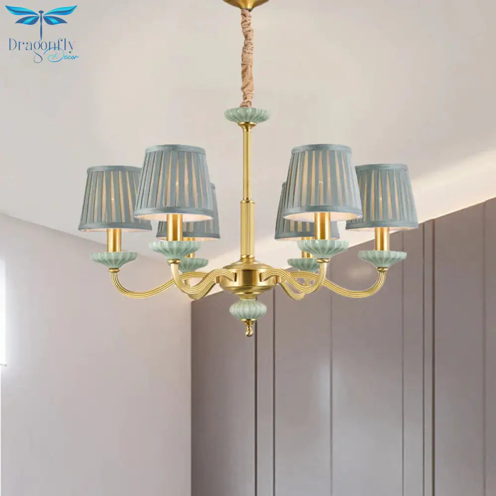 3/6 - Head Fabric Chandelier Lighting Traditional Brass Pleated Shade Bedroom Drop Pendant With