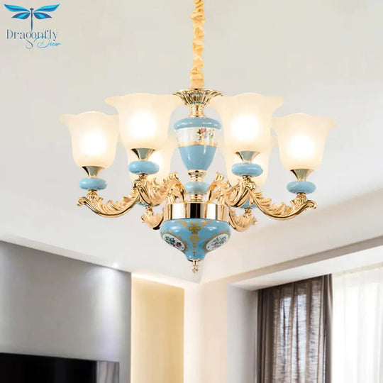 3/6 - Head Opaline Glass Ceiling Chandelier Vintage Blue Floral Shape Dining Room Pendant Light