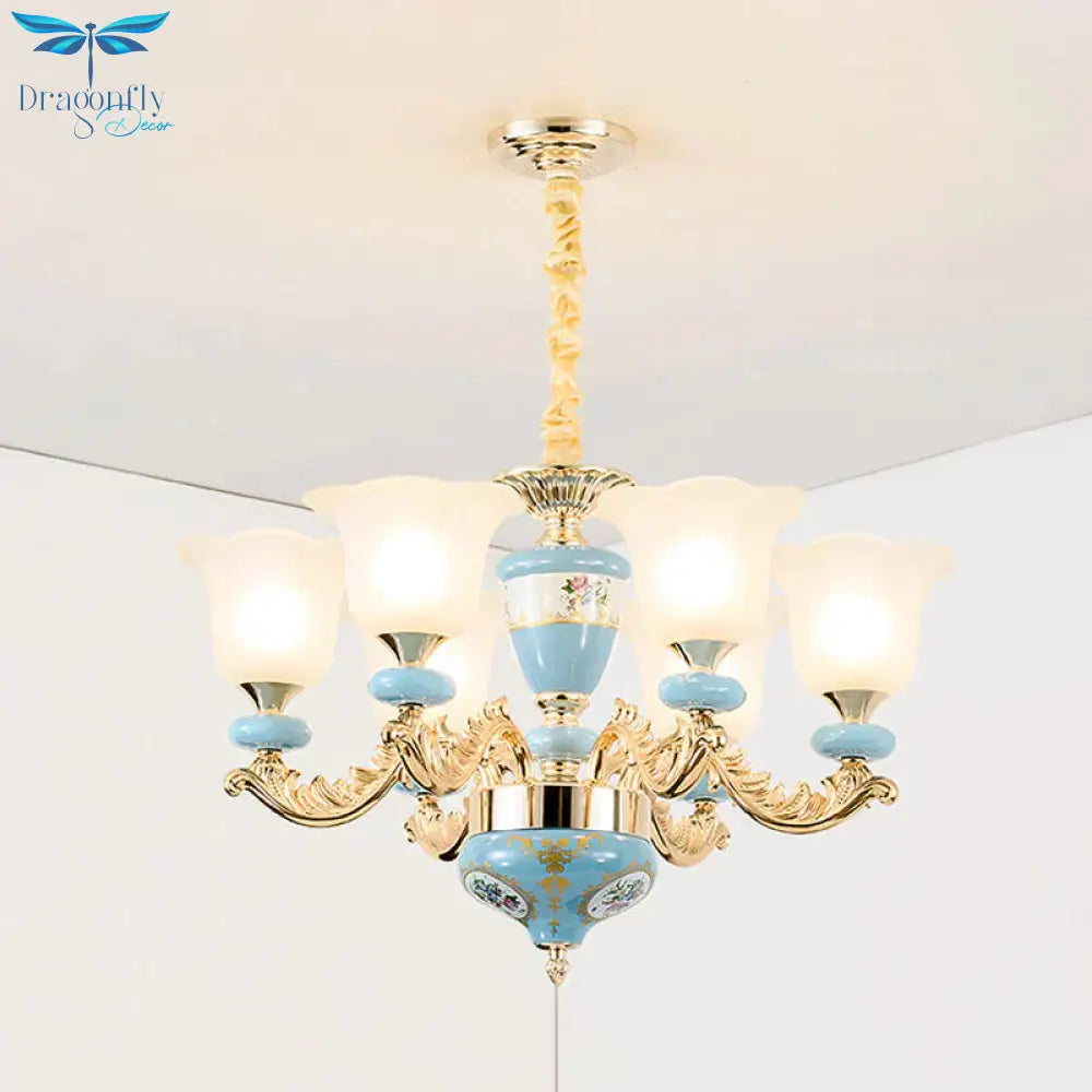 3/6 - Head Opaline Glass Ceiling Chandelier Vintage Blue Floral Shape Dining Room Pendant Light