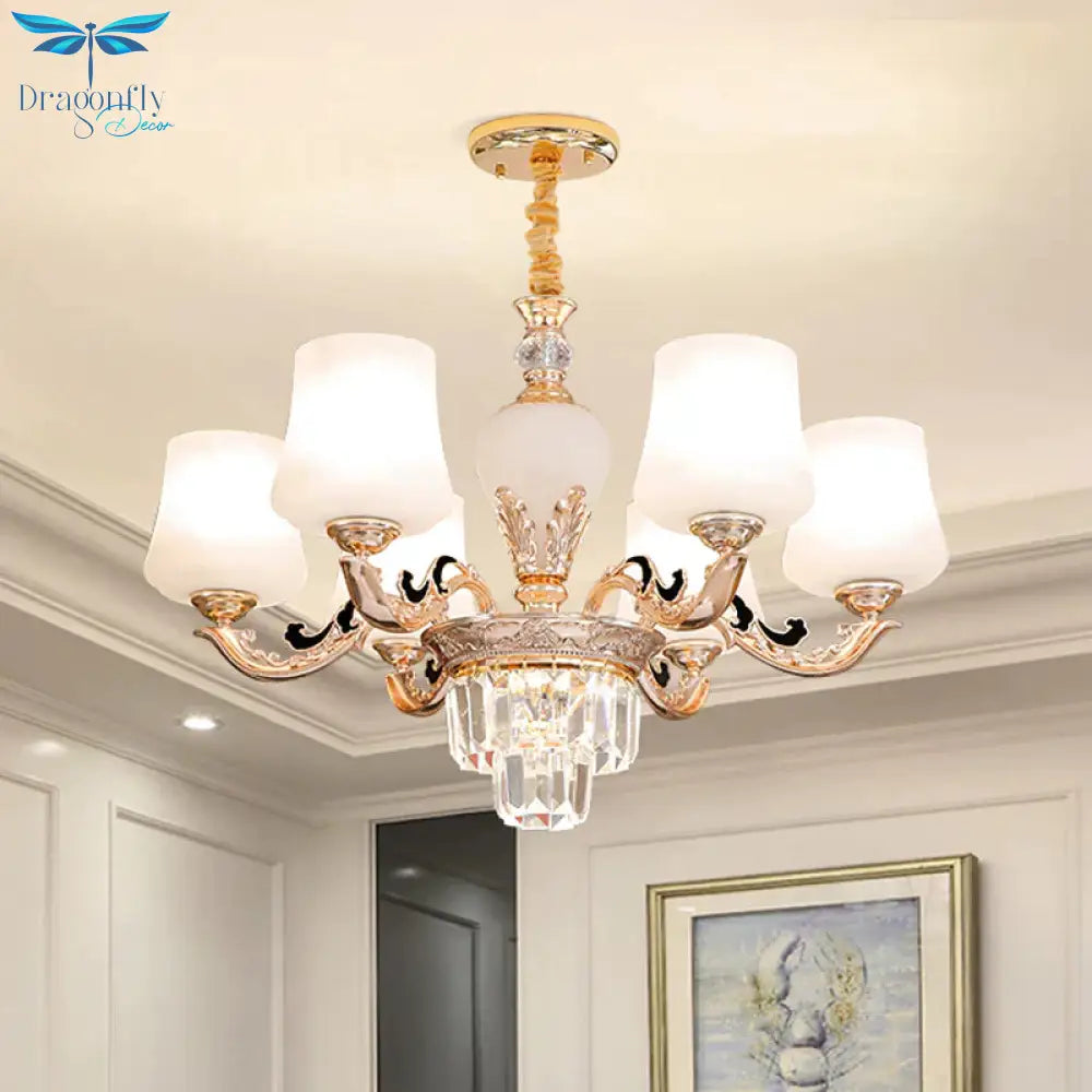 3/6 Heads Ceiling Light With Tapered Shade White Glass Traditional Bedchamber Chandelier Lamp In