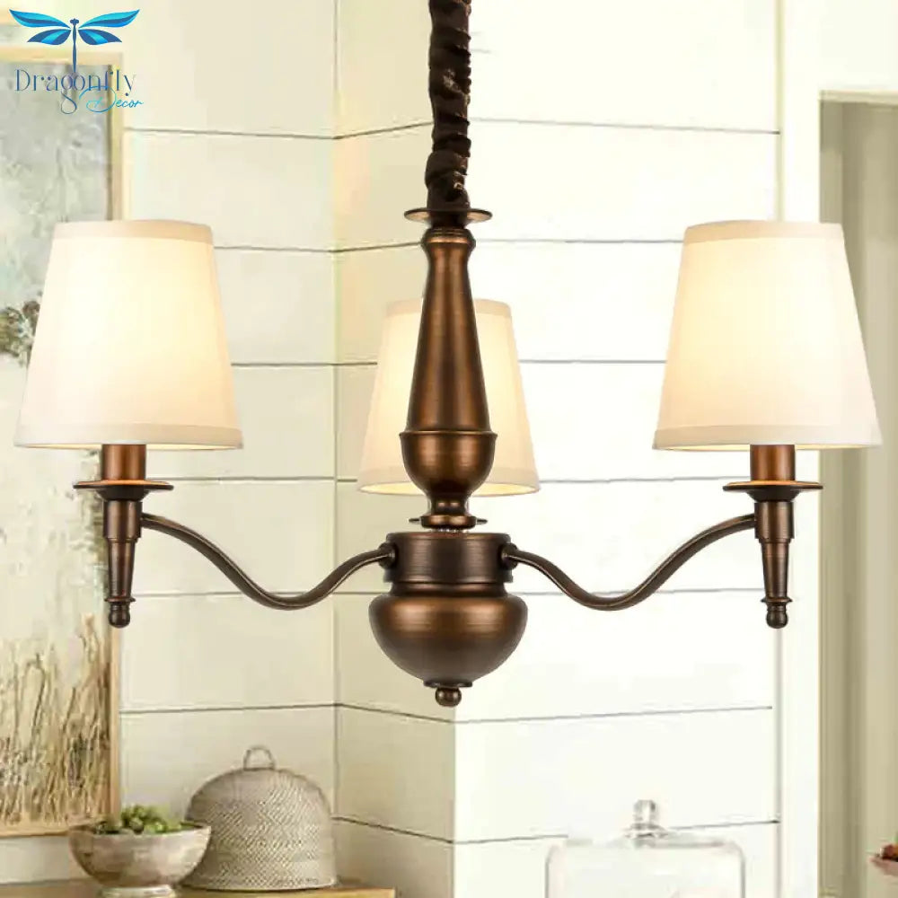 3/6 Heads Fabric Hanging Chandelier Traditional White Conical Dining Room Pendant Lamp