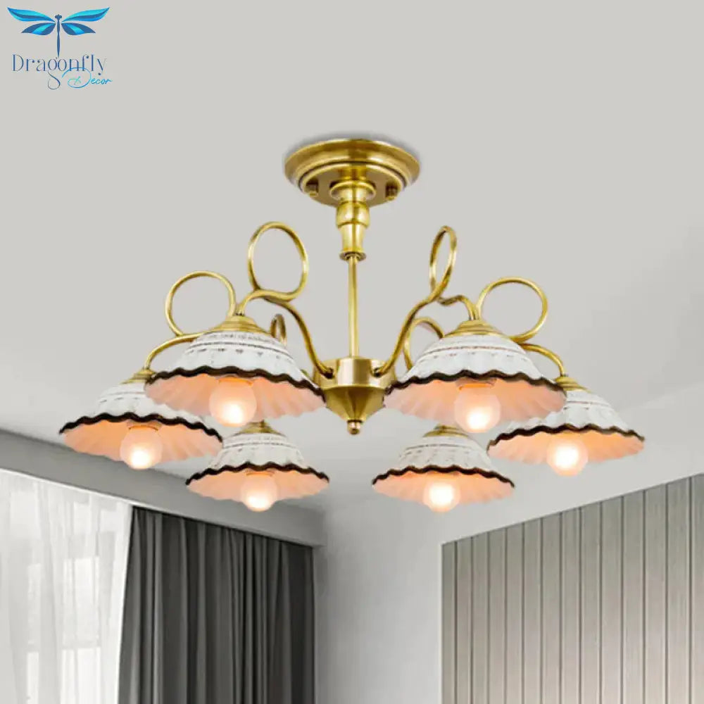 3/6 Heads Flared Chandelier Lamp Traditional Gold Ceramic Pendant Lighting Fixture With Swirl Arm