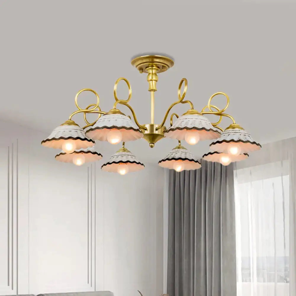 3/6 Heads Flared Chandelier Lamp Traditional Gold Ceramic Pendant Lighting Fixture With Swirl Arm 8