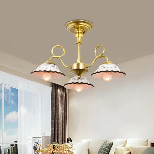 3/6 Heads Flared Chandelier Lamp Traditional Gold Ceramic Pendant Lighting Fixture With Swirl Arm 3