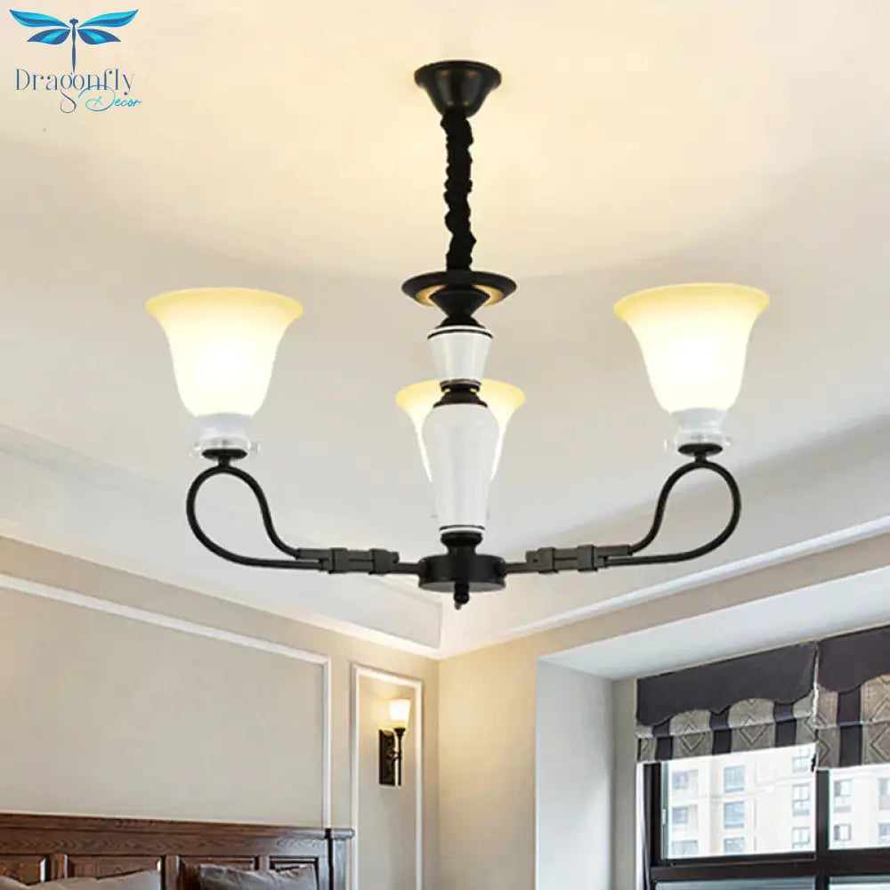 3/6 Heads Pendant Chandelier Retro Bedroom Hanging Light With Flared Frosted Glass Shade In Black