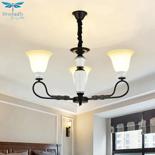 3/6 Heads Pendant Chandelier Retro Bedroom Hanging Light With Flared Frosted Glass Shade In Black