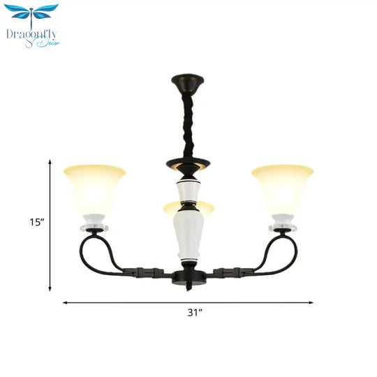 3/6 Heads Pendant Chandelier Retro Bedroom Hanging Light With Flared Frosted Glass Shade In Black