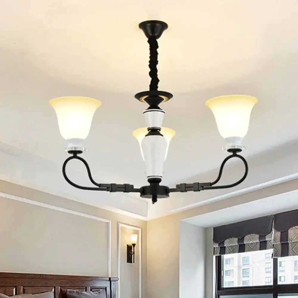 3/6 Heads Pendant Chandelier Retro Bedroom Hanging Light With Flared Frosted Glass Shade In Black 3