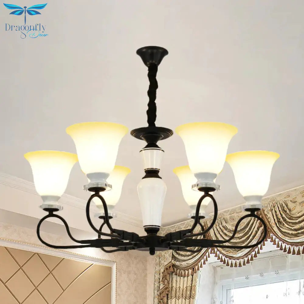 3/6 Heads Pendant Chandelier Retro Bedroom Hanging Light With Flared Frosted Glass Shade In Black