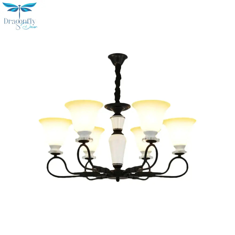 3/6 Heads Pendant Chandelier Retro Bedroom Hanging Light With Flared Frosted Glass Shade In Black