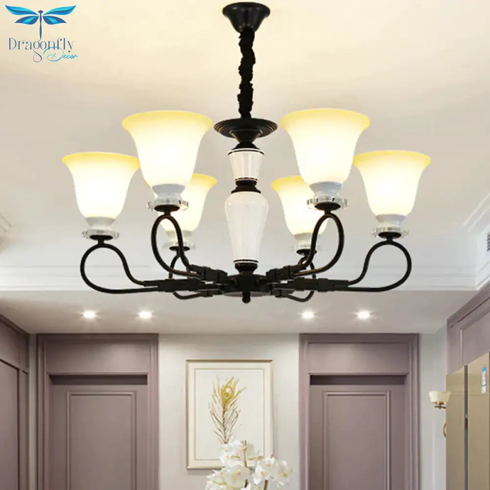 3/6 Heads Pendant Chandelier Retro Bedroom Hanging Light With Flared Frosted Glass Shade In Black