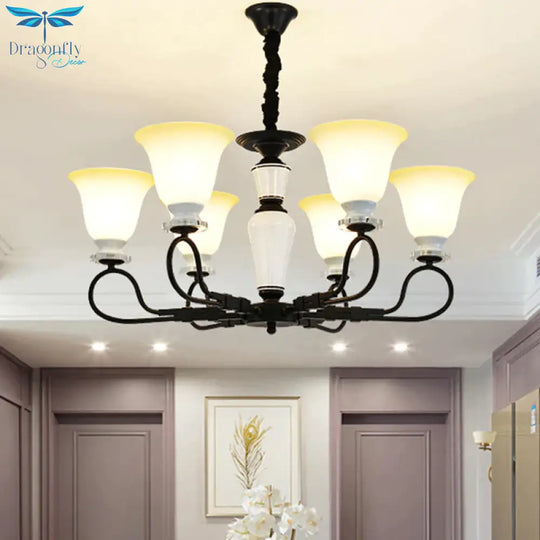 3/6 Heads Pendant Chandelier Retro Bedroom Hanging Light With Flared Frosted Glass Shade In Black