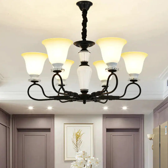 3/6 Heads Pendant Chandelier Retro Bedroom Hanging Light With Flared Frosted Glass Shade In Black 6