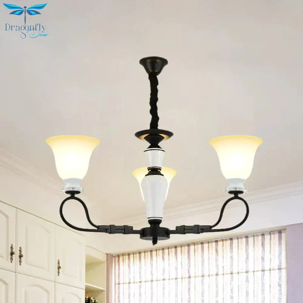 3/6 Heads Pendant Chandelier Retro Bedroom Hanging Light With Flared Frosted Glass Shade In Black