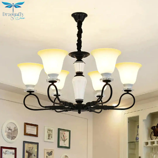 3/6 Heads Pendant Chandelier Retro Bedroom Hanging Light With Flared Frosted Glass Shade In Black