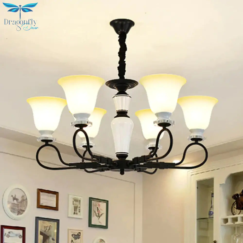 3/6 Heads Pendant Chandelier Retro Bedroom Hanging Light With Flared Frosted Glass Shade In Black
