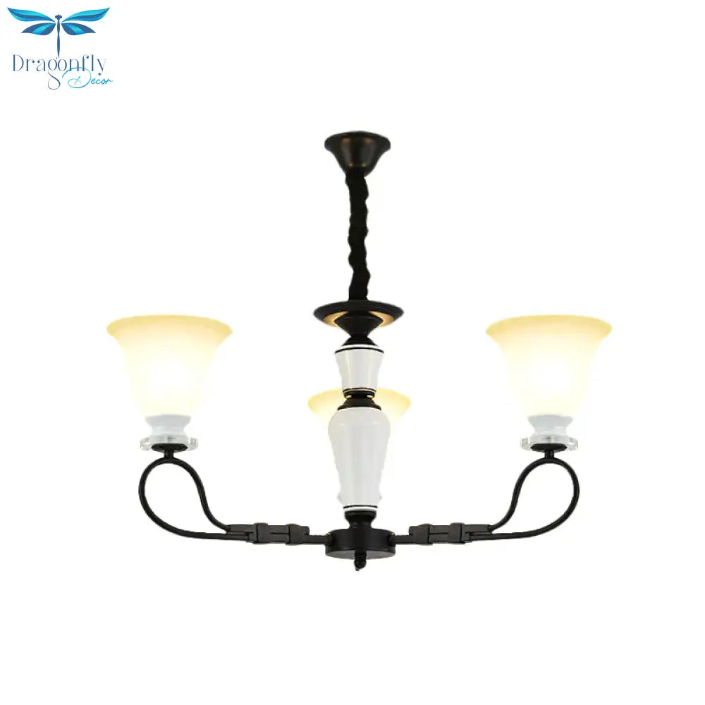 3/6 Heads Pendant Chandelier Retro Bedroom Hanging Light With Flared Frosted Glass Shade In Black