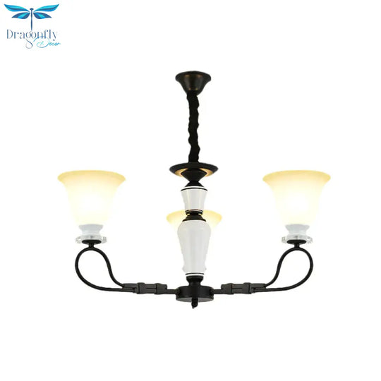 3/6 Heads Pendant Chandelier Retro Bedroom Hanging Light With Flared Frosted Glass Shade In Black