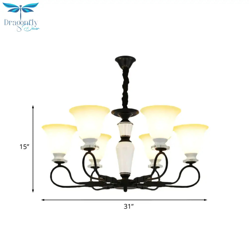 3/6 Heads Pendant Chandelier Retro Bedroom Hanging Light With Flared Frosted Glass Shade In Black