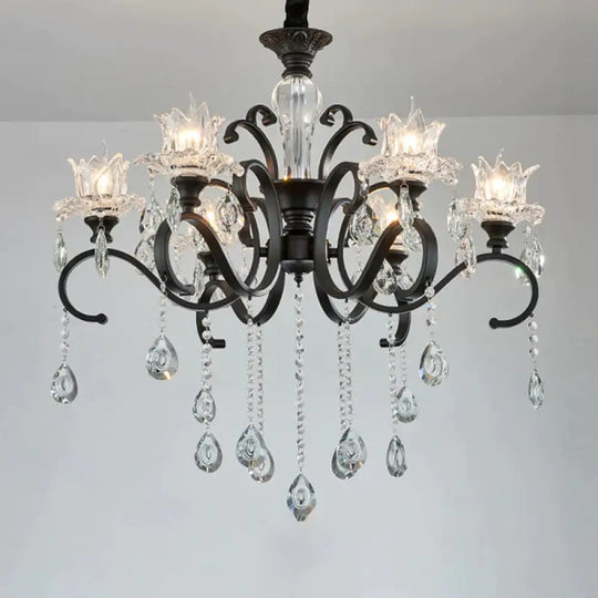 3/6 Heads Swirled Arm Chandelier Traditional Black Metal Hanging Lamp With Clear Crystal Tulip