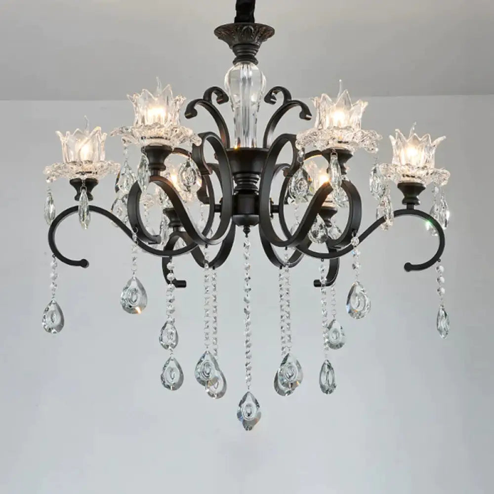 3/6 Heads Swirled Arm Chandelier Traditional Black Metal Hanging Lamp With Clear Crystal Tulip