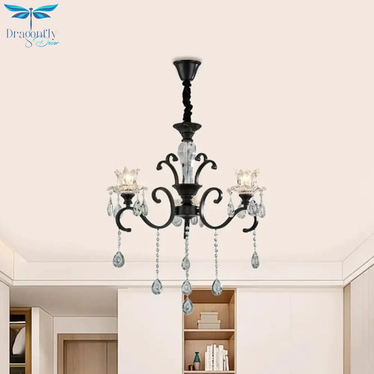 3/6 Heads Swirled Arm Chandelier Traditional Black Metal Hanging Lamp With Clear Crystal Tulip Shade