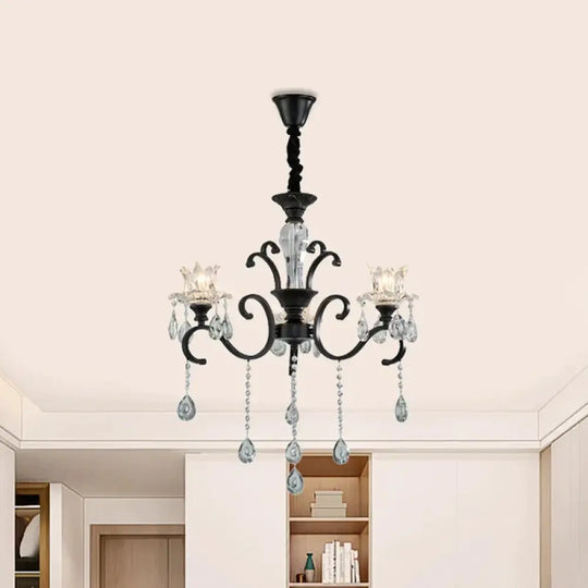 3/6 Heads Swirled Arm Chandelier Traditional Black Metal Hanging Lamp With Clear Crystal Tulip