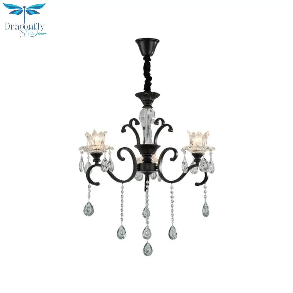 3/6 Heads Swirled Arm Chandelier Traditional Black Metal Hanging Lamp With Clear Crystal Tulip Shade