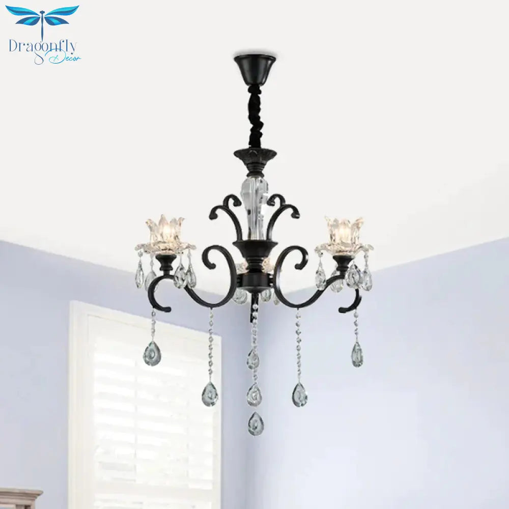 3/6 Heads Swirled Arm Chandelier Traditional Black Metal Hanging Lamp With Clear Crystal Tulip Shade