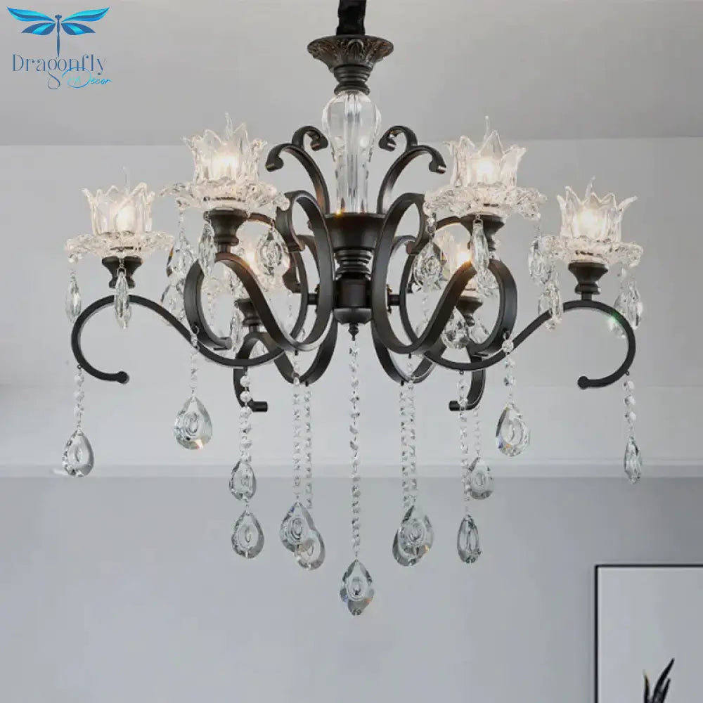 3/6 Heads Swirled Arm Chandelier Traditional Black Metal Hanging Lamp With Clear Crystal Tulip Shade