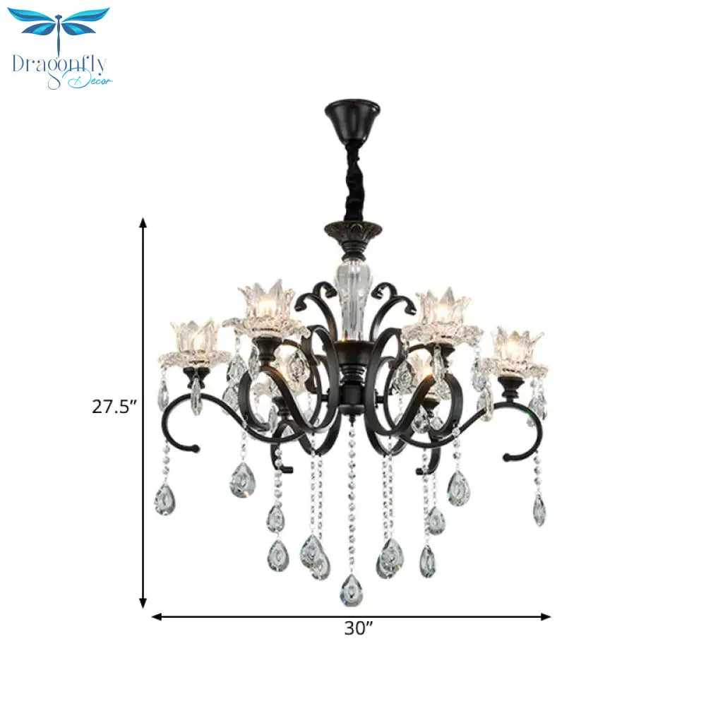 3/6 Heads Swirled Arm Chandelier Traditional Black Metal Hanging Lamp With Clear Crystal Tulip Shade