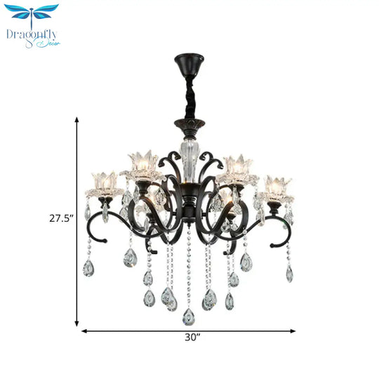3/6 Heads Swirled Arm Chandelier Traditional Black Metal Hanging Lamp With Clear Crystal Tulip Shade