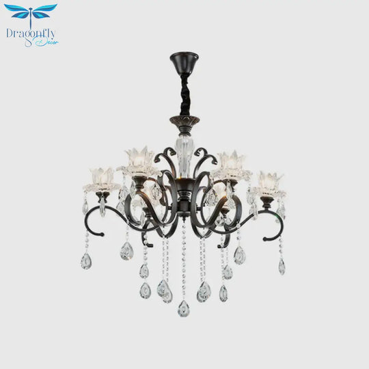 3/6 Heads Swirled Arm Chandelier Traditional Black Metal Hanging Lamp With Clear Crystal Tulip Shade