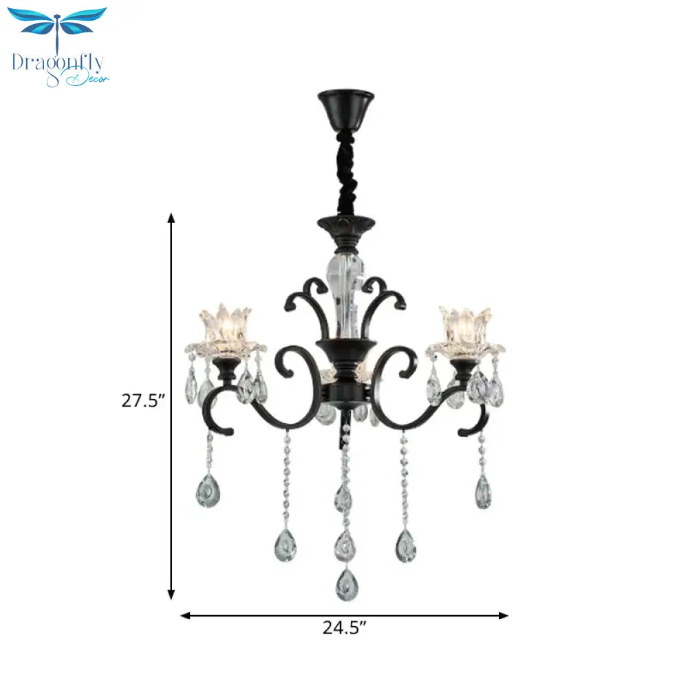 3/6 Heads Swirled Arm Chandelier Traditional Black Metal Hanging Lamp With Clear Crystal Tulip Shade