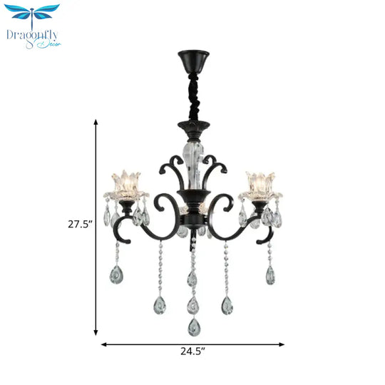 3/6 Heads Swirled Arm Chandelier Traditional Black Metal Hanging Lamp With Clear Crystal Tulip Shade